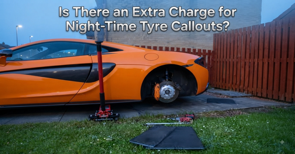 Mobile tyre technician replacing a flat tyre during a night-time emergency roadside callout in Glasgow with work lights, safety cones and a fully equipped service van.