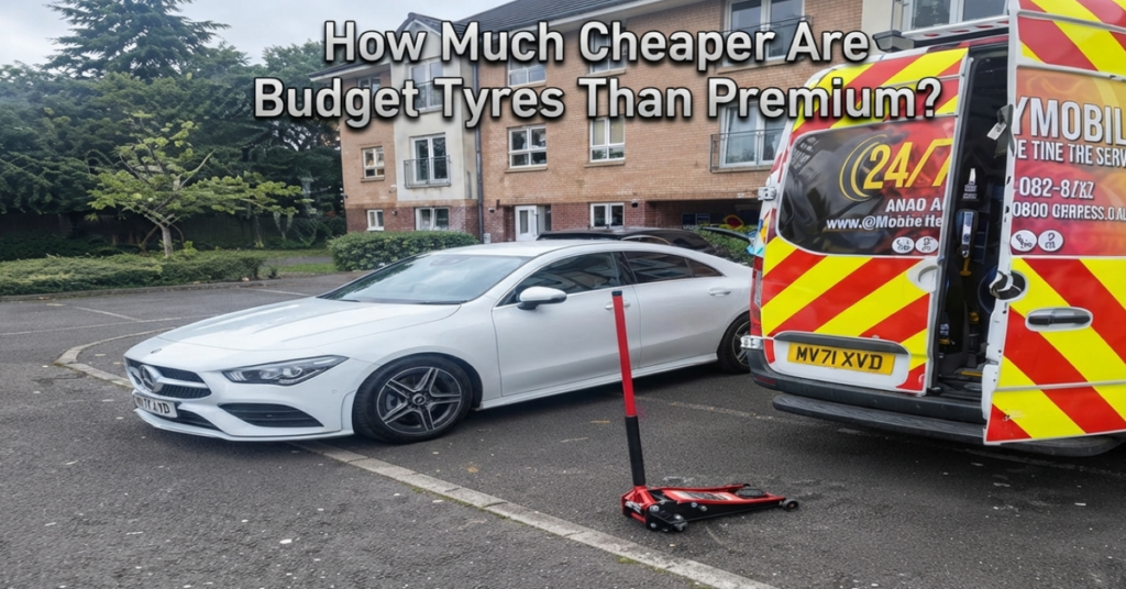 Comparison of budget, mid-range and premium car tyres with a mobile tyre fitter in Glasgow explaining tyre prices, performance, wet grip and value for money.