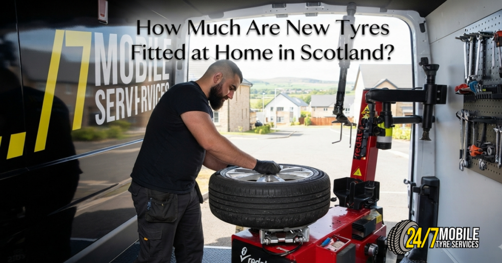 Mobile tyre fitting service replacing a car tyre at home in Scotland